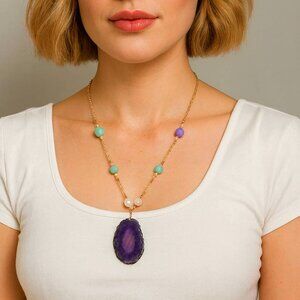 Handcrafted Geode Pendant Necklace Purple Agate with Multicolor Beads, Boho 34in
